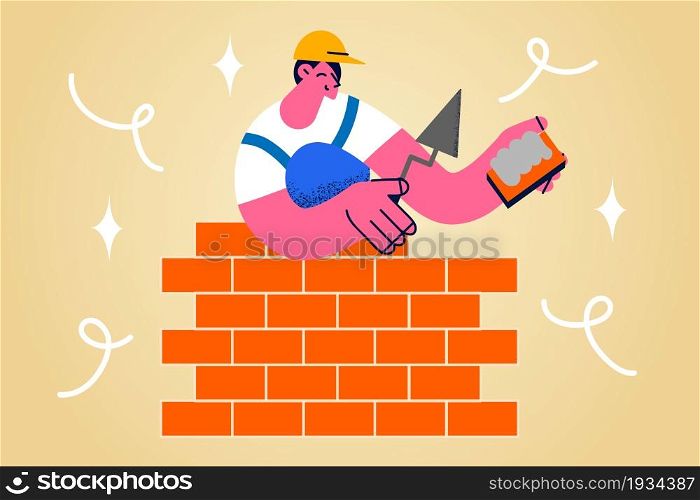 Building and construction industry concept. Young man worker cartoon character builder waring helmet building wall with bricks vector illustration . Building and construction industry concept.