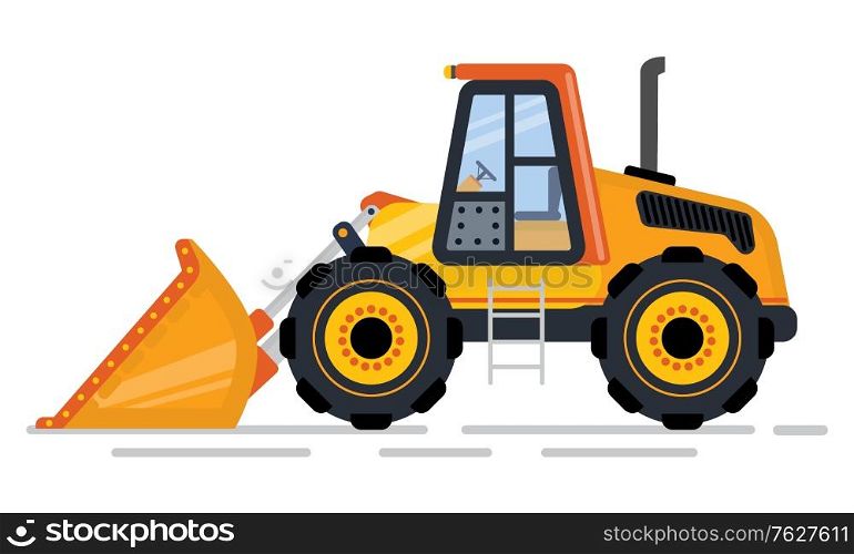 Building and construction machinery in industry vector, isolated tractor. Machine with shovel, loader and mower bulldozer or excavator flat style. Bulldozer or Excavator, Machinery for Building