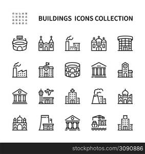 Building and construction vector linear icons set. Contains such Icons as church, airport, palace, museum and more. Isolated collection of buildings and structures icons on white background.. Buildings vector line icons. Isolated icon collection on white background. Buildings symbol vector set.