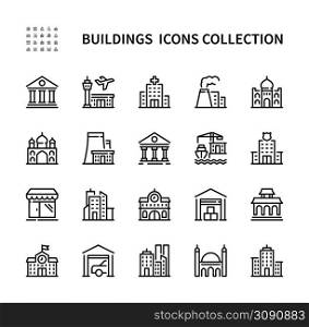 Building and construction vector linear icons set. Contains such Icons as mosque, shop, hospital, palace, bank and more. Isolated collection of buildings and structures icons on white background.. Buildings and structures vector line icons. Isolated collection of building icon on white background. Buildings symbol vector set.
