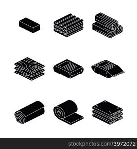 Building and contruction materials icons set on white background. Wooden material for building construction. Vector illustration. Building and contruction materials icons set on white background