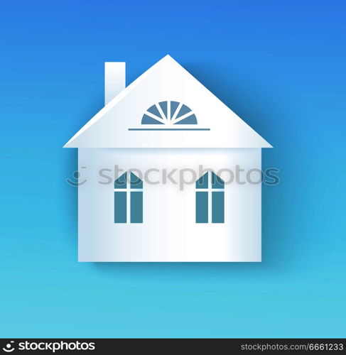 Building and its silhouette, architecture and exterior of building with roof and walls chimney and three windows, vector illustration isolated on blue. Building and Its Silhouette Vector Illustration