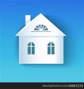 Building and its silhouette, architecture and exterior of building with roof and walls chimney and three windows, vector illustration isolated on blue. Building and Its Silhouette Vector Illustration