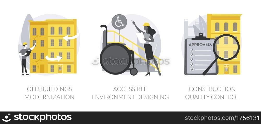 Building and rennovation abstract concept vector illustration set. Old buildings modernization, accessible environment design, construction quality control, public place abstract metaphor.. Building and rennovation abstract concept vector illustrations.