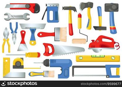 Building and repair tools set graphic elements in flat design. Bundle of hammer, paint roller, axe, tape measure, brush, wrench, pliers, screwdriver, saw and other.Vector illustration isolated objects. Building and repair tools set graphic elements in flat design