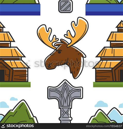 Building animal landscape and hammer Norway symbols seamless pattern vector moose or elk Thor mjolnir and nature wooden house endless texture Norwegian culture and wild nature wallpaper print.. Norway symbols building animal landscape and hammer seamless pattern