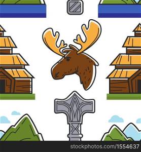 Building animal landscape and hammer Norway symbols seamless pattern vector moose or elk Thor mjolnir and nature wooden house endless texture Norwegian culture and wild nature wallpaper print.. Norway symbols building animal landscape and hammer seamless pattern