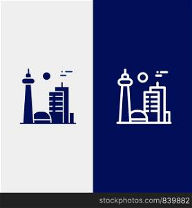 Building, Canada, City, Famous City, Toronto Line and Glyph Solid icon Blue banner Line and Glyph Solid icon Blue banner