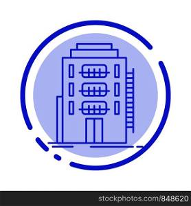 Building, City, Dormitory, Hostel, Hotel Blue Dotted Line Line Icon