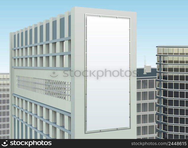 Building cityscape composition with blank vertical billboard ad space on gable facade of high rise building vector illustration. Building Cityscape Advertising Site Composition