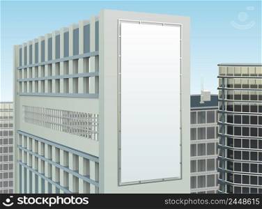 Building cityscape composition with blank vertical billboard ad space on gable facade of high rise building vector illustration. Building Cityscape Advertising Site Composition
