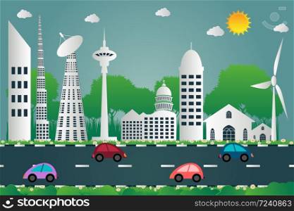 Building cityscape of the city beautiful and car is run on road paper art style,vector illustration