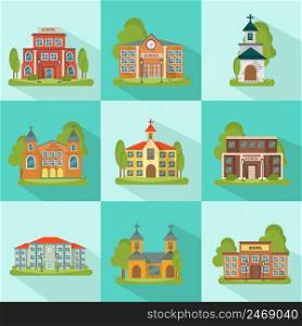 Building colored and isolated icon set with school church municipal buildings in squares vector illustration. Building Icon Set