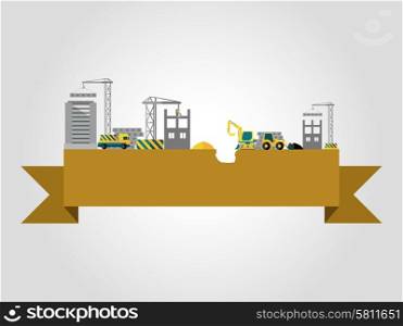 Building concept with flat construction site on ribbon banner vector illustration. Building Construction Concept