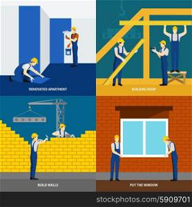 Building construction 4 flat icons square. Building construction process and apartment block renovation 4 flat icons square composition banner abstract isolated vector illustration