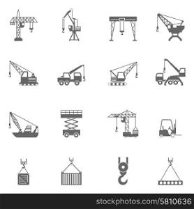 Building construction crane black icons set. Cranes for different construction projects black icons set with tower and floating cranes abstract isolated vector illustration