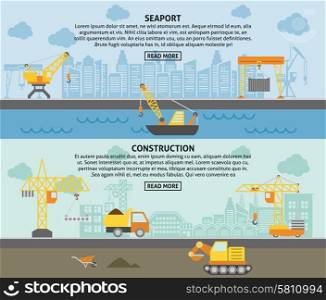 Building construction crane flat banners set. Harbor freight pickup crane and building construction tower crane flat horizontal banners set abstract isolated vector illustration