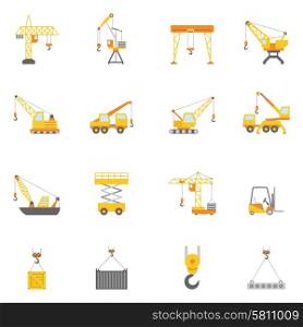 Building construction crane flat icons set. Cranes in construction industry flat icons set with truck mounted and tower crane abstract isolated vector illustration
