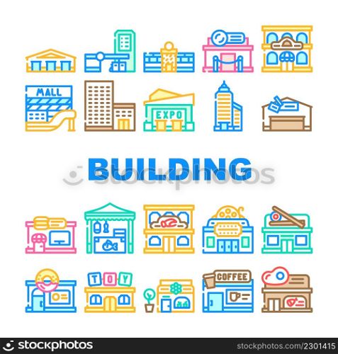 Building Construction Exterior Icons Set Vector. Shopping And Commercial Center Skyscraper, Seafood And Sushi Restaurant, Cinema And Night Club Building Line. Coffee Shop And Cafe Color Illustrations. Building Construction Exterior Icons Set Vector
