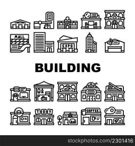 Building Construction Exterior Icons Set Vector. Shopping And Commercial Center Skyscraper, Seafood Sushi Restaurant, Cinema Night Club Building Line. Coffee Shop And Cafe Black Contour Illustrations. Building Construction Exterior Icons Set Vector