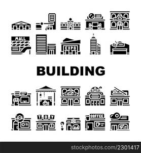 Building Construction Exterior Icons Set Vector. Shopping And Commercial Center Skyscraper, Seafood And Sushi Restaurant, Cinema And Night Club Building Glyph Pictograms Black Illustrations. Building Construction Exterior Icons Set Vector