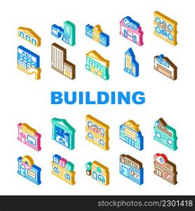Building Construction Exterior Icons Set Vector. Shopping And Commercial Center Skyscraper, Seafood And Sushi Restaurant, Cinema And Night Club Building Isometric Sign Color Illustrations. Building Construction Exterior Icons Set Vector