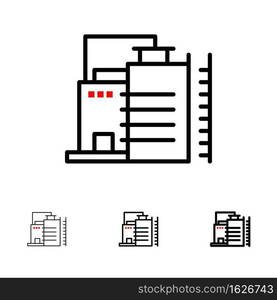 Building, Construction, Factory, Industry Bold and thin black line icon set