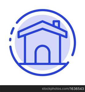Building, Construction, Home, House Blue Dotted Line Line Icon