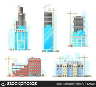 Building construction isolated cartoon vector icons. Industrial working cranes put stone blocks on buildings facade, concrete mixer and lorry with sand riding on site. Urban architecture build process. Building construction isolated vector icons