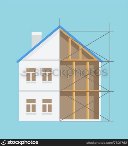 Building construction, logs indoor, windows and chimney, half built house, engineering occupation, interior and exterior, architecture technology vector. Half Built House, Interior and Exterior Vector