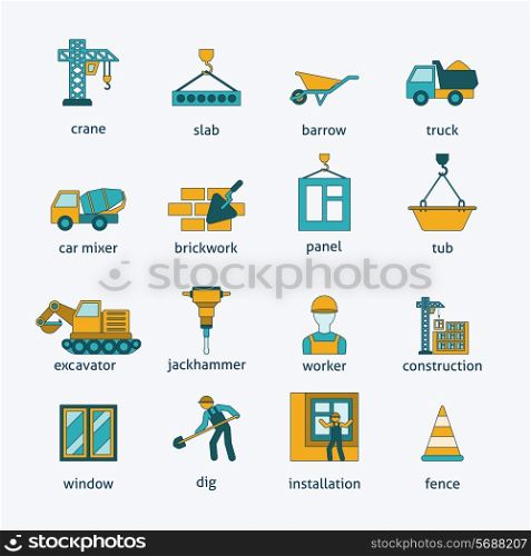 Building construction mason brickwork trowel and cement mixing machine flat icons set line isolated abstract vector illustration