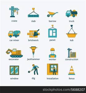 Building construction mason brickwork trowel and cement mixing machine flat icons set line isolated abstract vector illustration