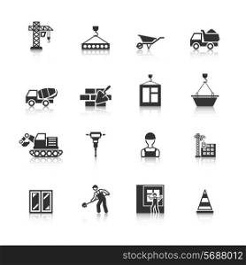 Building construction mason worker character installing window pane in brick wall icons black isolated abstract vector illustration