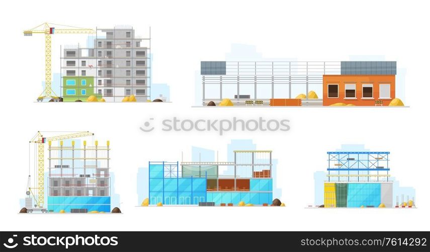 Building construction of house, store or warehouse isolated vector icons. Working cranes put a stone blocks on facade with building materials and sand around. Urban architecture build process. Construction buildings, store and warehouse icons