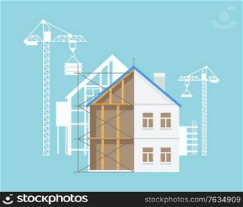 Building construction process, crane and special equipment, machinery for making new estates and constructing places, bricks and walls. Vector illustration in flat cartoon style. Crane and Building in Process of Construction