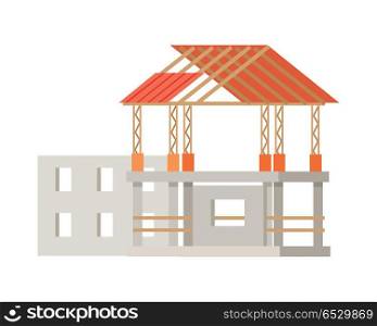 Building Construction Process of Cottage House.. Building construction process. Building of cottage house. Mock-up of home building. House under development in flat style design. Project of house building. Construction of roof. Vector illustration