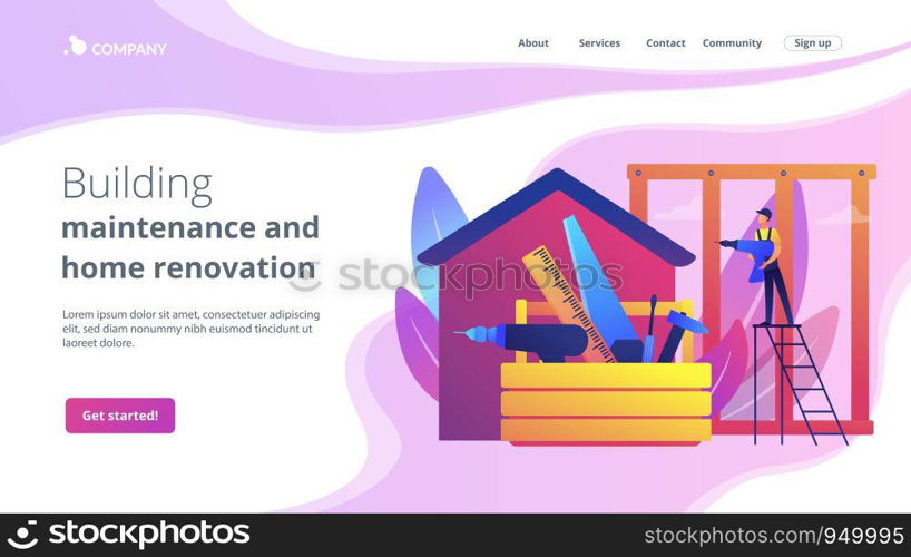 Building construction site. Handyman working. Carpenter services, building maintenance and home renovation, get local carpenters concept. Website homepage landing web page template.. Carpenter services concept landing page