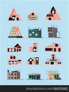 Building construction stages. Modern exterior wooden and brick roofing commercial buildings and village cottages towers garish vector pictures. Illustration of construction building stages. Building construction stages. Modern exterior wooden and brick roofing commercial buildings and village cottages towers garish vector pictures