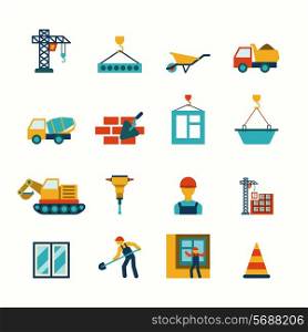 Building construction structure elements flat pictograms collection with barrow block elevating crane truck abstract isolated vector illustration