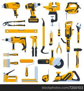 Building construction tools. Construction home repair hand tools, drill, saw and screwdriver. Renovation kit vector illustration icons set. Tools jackhammer and vise, jigsaw and level. Building construction tools. Construction home repair hand tools, drill, saw and screwdriver. Renovation kit vector illustration icons set