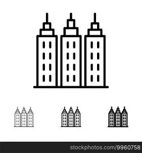 Building, Construction, Tower Bold and thin black line icon set