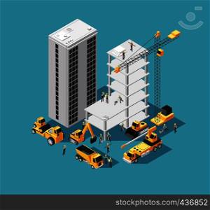 Building construction vector 3d isometric concept with builders and heavy equipment. House construction site background. Isometric construction site with crane and machine illustration. Building construction vector 3d isometric concept with builders and heavy equipment. House construction site background