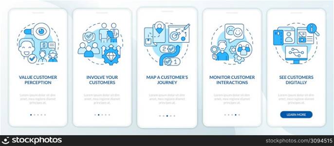 Building customer-centric business blue onboarding mobile app screen. Walkthrough 5 steps graphic instructions pages with linear concepts. UI, UX, GUI template. Myriad Pro-Bold, Regular fonts used. Building customer-centric business blue onboarding mobile app screen