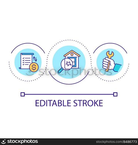 Building damage assessment loop concept icon. Home insurance policy abstract idea thin line illustration. Damaged property evaluation. Isolated outline drawing. Editable stroke. Arial font used. Building damage assessment loop concept icon