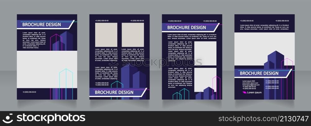 Building dark blue blank brochure design. Real estate architecture. Template set with copy space for text. Premade corporate reports collection. Editable 4 paper pages. Calibri, Arial fonts used. Building dark blue blank brochure design
