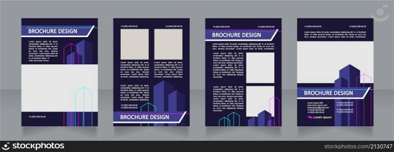Building dark blue blank brochure design. Real estate architecture. Template set with copy space for text. Premade corporate reports collection. Editable 4 paper pages. Calibri, Arial fonts used. Building dark blue blank brochure design