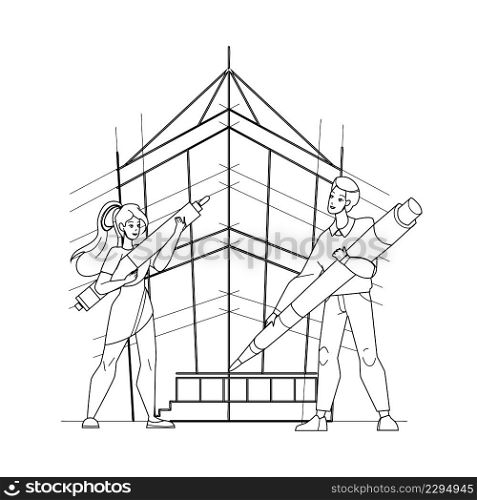 Building Design Man And Woman Architects Black Line Pencil Drawing Vector. Young Boy And Girl Designers Building Design Together. Characters Drawing On Paper Board Construction With Pencil. Building Design Man And Woman Architects Vector