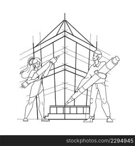 Building Design Man And Woman Architects Black Line Pencil Drawing Vector. Young Boy And Girl Designers Building Design Together. Characters Drawing On Paper Board Construction With Pencil. Building Design Man And Woman Architects Vector