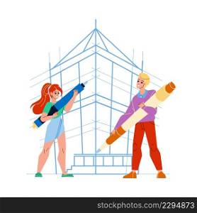 Building Design Man And Woman Architects Vector. Young Boy And Girl Designers Building Design Together. Characters Drawing On Paper Board Construction With Pencil Flat Cartoon Illustration. Building Design Man And Woman Architects Vector