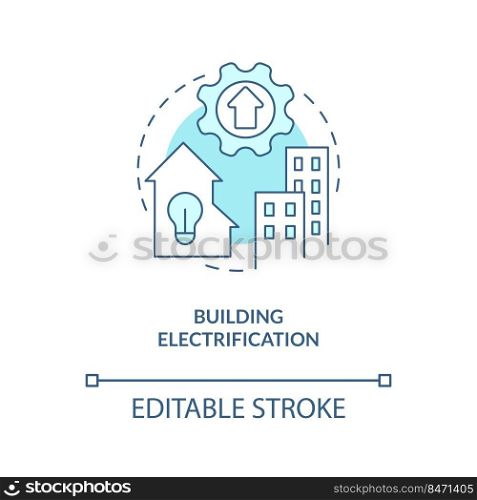 Building electrification turquoise concept icon. Energy efficiency. Net zero practice abstract idea thin line illustration. Isolated outline drawing. Editable stroke. Arial, Myriad Pro-Bold fonts used. Building electrification turquoise concept icon